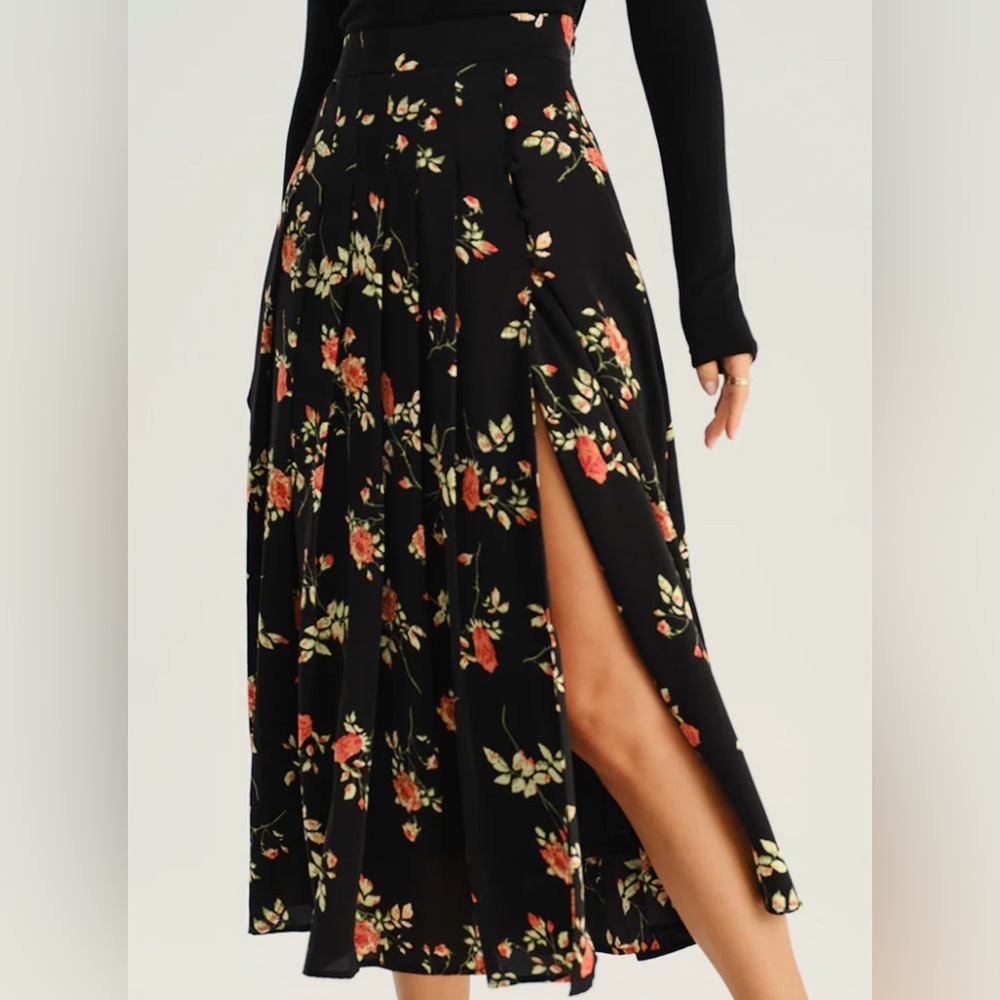 Black Floral Midi Skirt with Side Slit